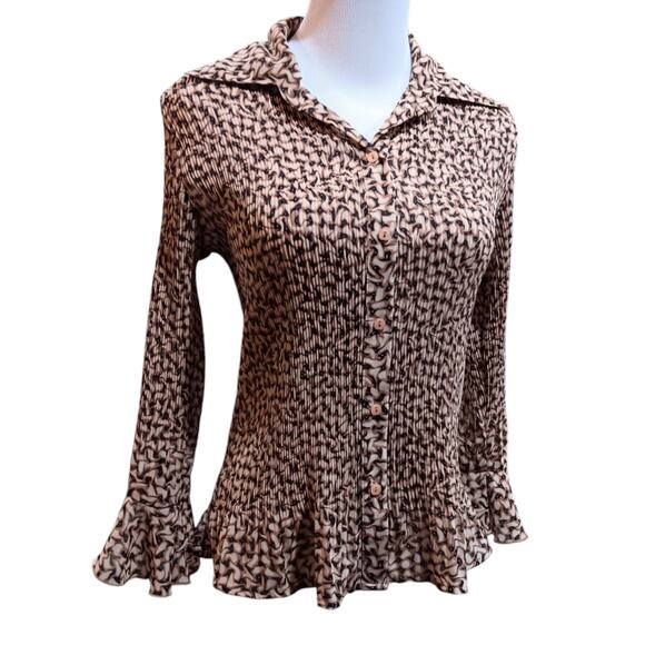 VINTAGE Blouse Top M Accordion Pleated‎ Lightweight Animal Print Cheetah Flutter - Picture 7 of 8